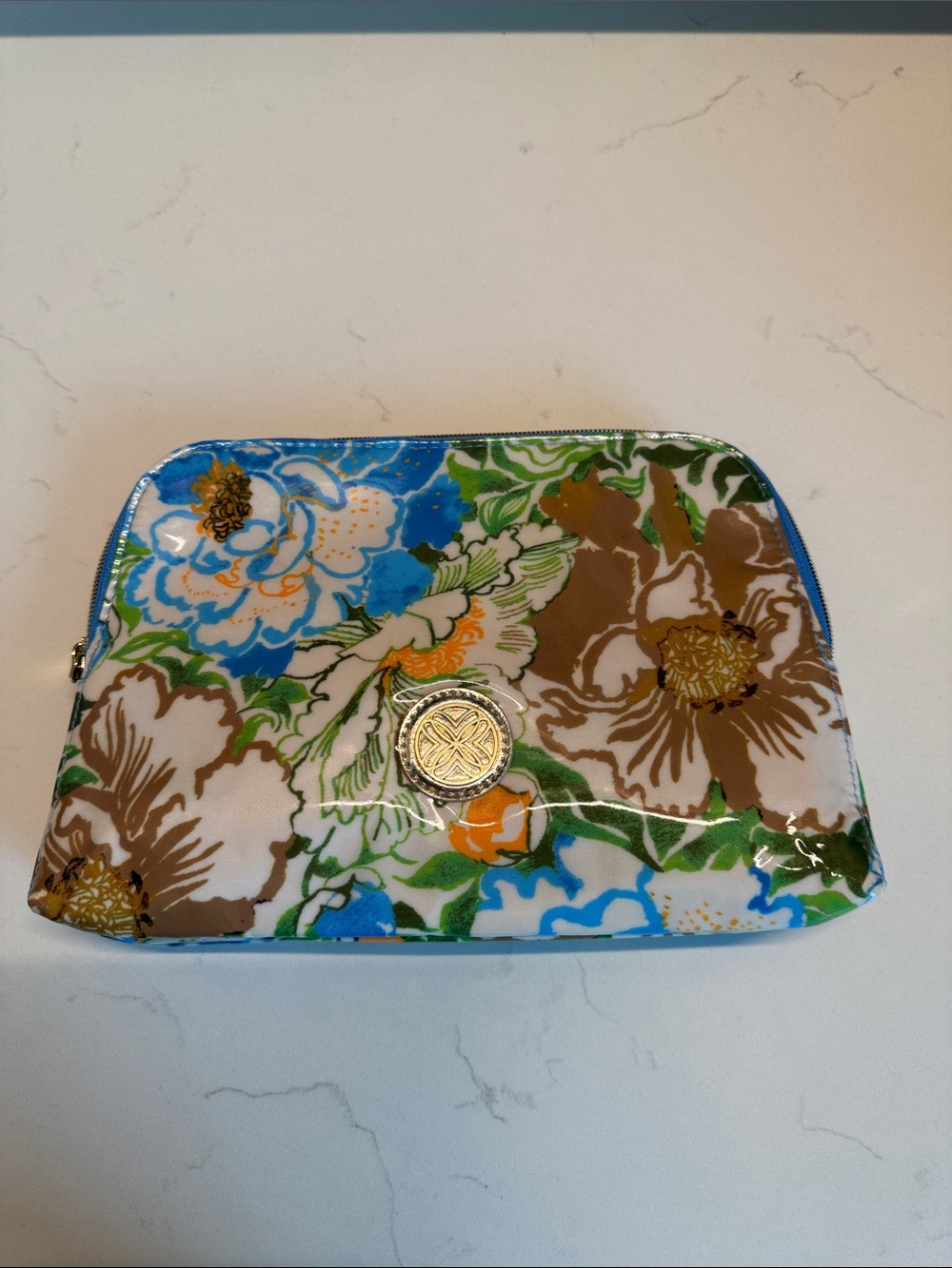 Lilly Pulitzer Floral Patent Cosmetic Pouch in Blue, Brown & Green